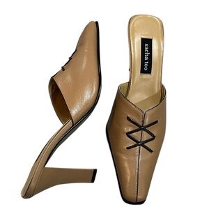 SACHA TOO VIPER LEATHER LACE DETAIL HEELED MULES SLIDES TAN SIZE 8B